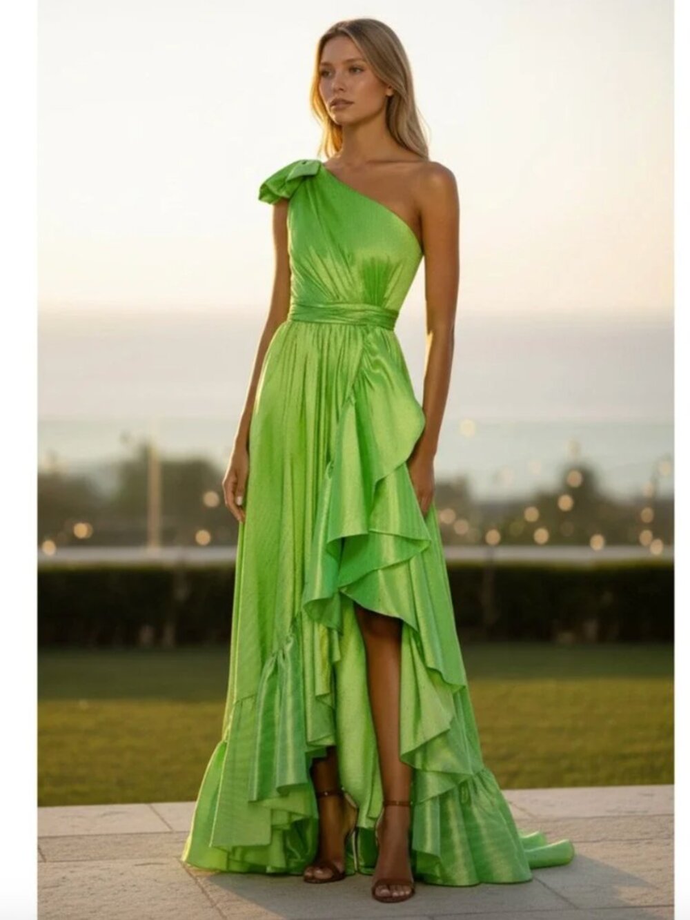 MAC DUGGAL Dress Size 2 Evening Gown NEW Green Bow One Shoulder Ruffle